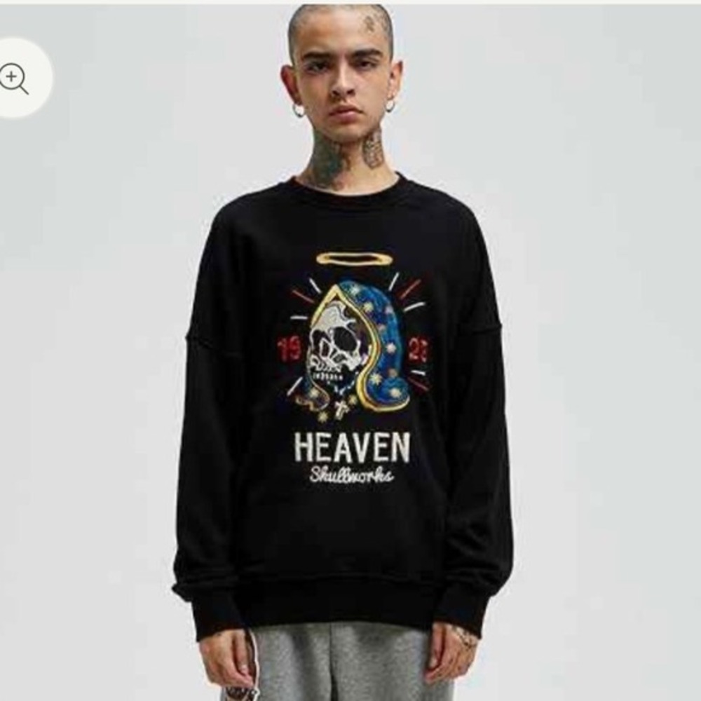 HEAVEN Skullworks Black Graphic Sweatshirt Mens Size XL Tattoo Art‎ Grim Reaper